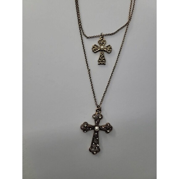 Vintage Necklace Chain Gold Tone Cross Pendant Crystal White Bead Jewelry - Picture 8 of 14